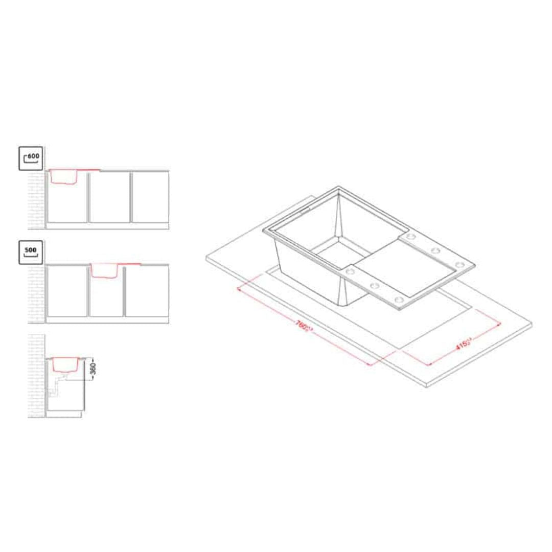 ELLECI EASY 290 LGY29059 Lavello in Granitek Antracite con Gocciolatoio Reversibile cm. 78 x 44
