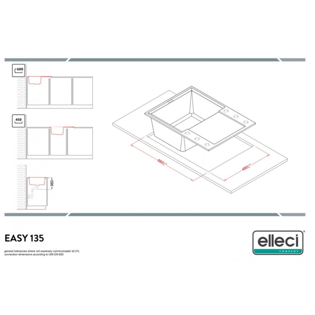 Elleci Easy 135 LGY13562 Lavello 1 Vasca con Gocciolatoio Reversibile Sopratop Granitek Bianco Antico cm.  68 x 50