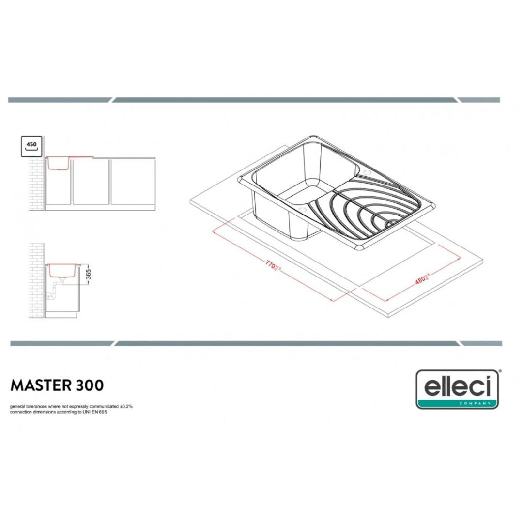 ELLECI MASTER 300 LGM30059 Lavello 1 Vasca Gocciolatoio Reversibile Sopratop Granitek Classic Antracite cm. 79 x 50
