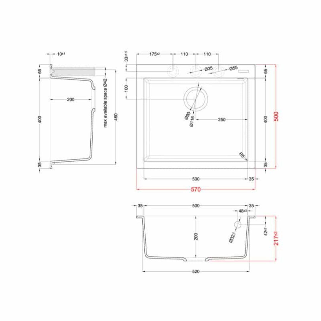 Elleci Quadra 105 LKQ10587 Lavello Incasso Sopratop 1 Vasca Keratek Cacao cm. 57×50