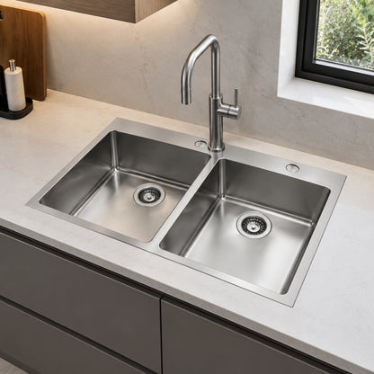 Foster KE Q4 2279050 Lavello Cucina Incasso Sopratop 2 Vasche Acciaio Inox Spazzolato cm. 77 x 52