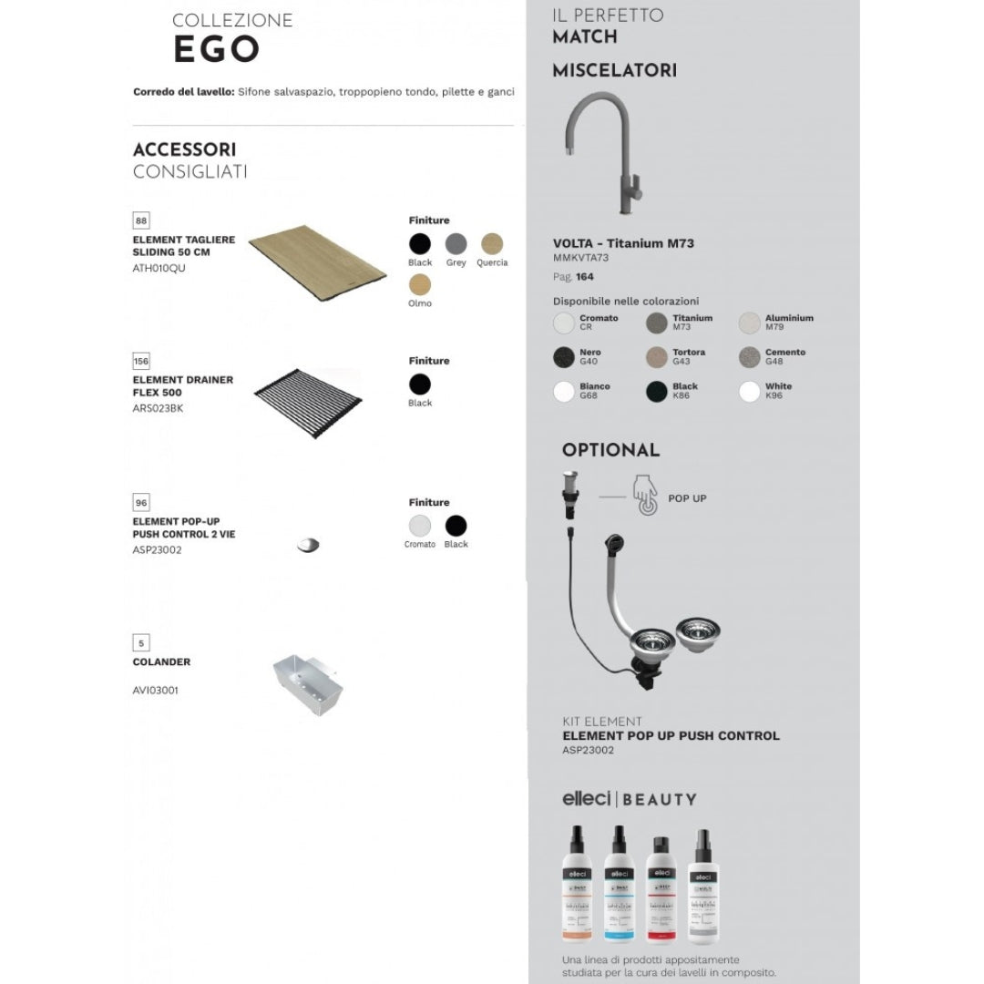 Elleci Ego 480 LGE48039 Lavello 1 Vasca Gocciolatoio Reversibile Sopratop Granitek Bianco Soft cm. 100 x 50