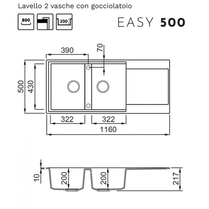ELLECI EASY 500 LGY50051 Lavello 2 Vasche con Gocciolatoio Reversibile Sopratop Granitek Avena 51  cm. 116 x 50