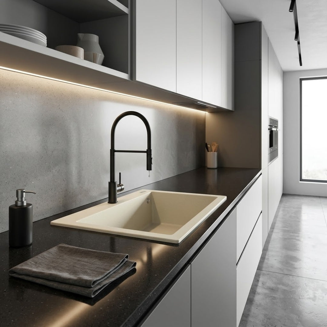 Elleci Quadra 105 LGQ10562 Lavello da Incasso 1 Vasca Sopratop Granitek Classic Bianco Antico cm. 57 x 50