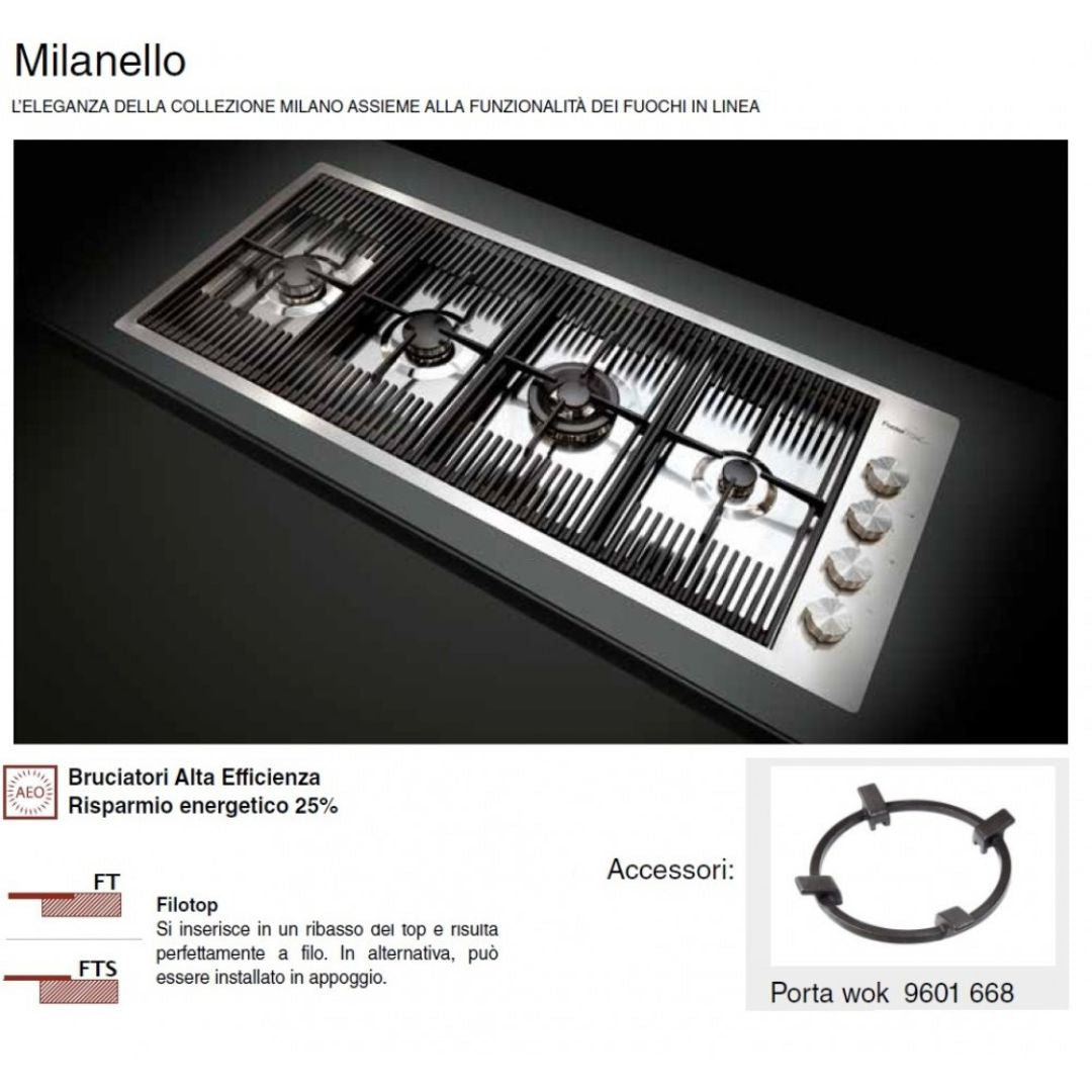 Foster Milanello 7681 009 Piano Cottura Gas 4 Fuochi in Linea PVD Oro cm. 111 x 47