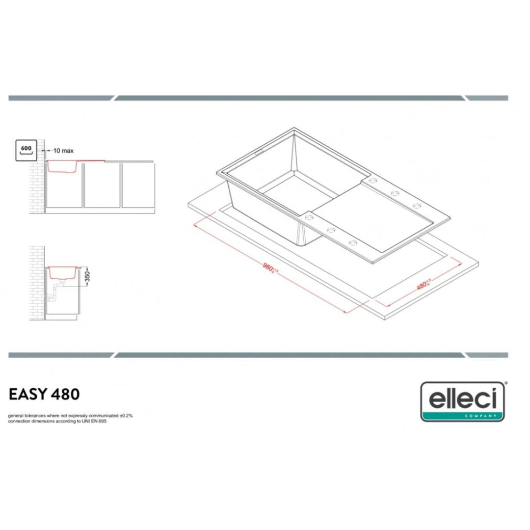 ELLECI EASY 480 LGY48051 Lavello 1 Vasca con Gocciolatoio Reversibile Sopratop Granitek Avena 51 cm. 100 x 50