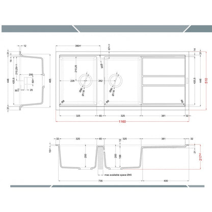 ELLECI LKB50089 Lavello 2 Vasche Gocciolatoio Reversibile Keratek Tortora 116x51