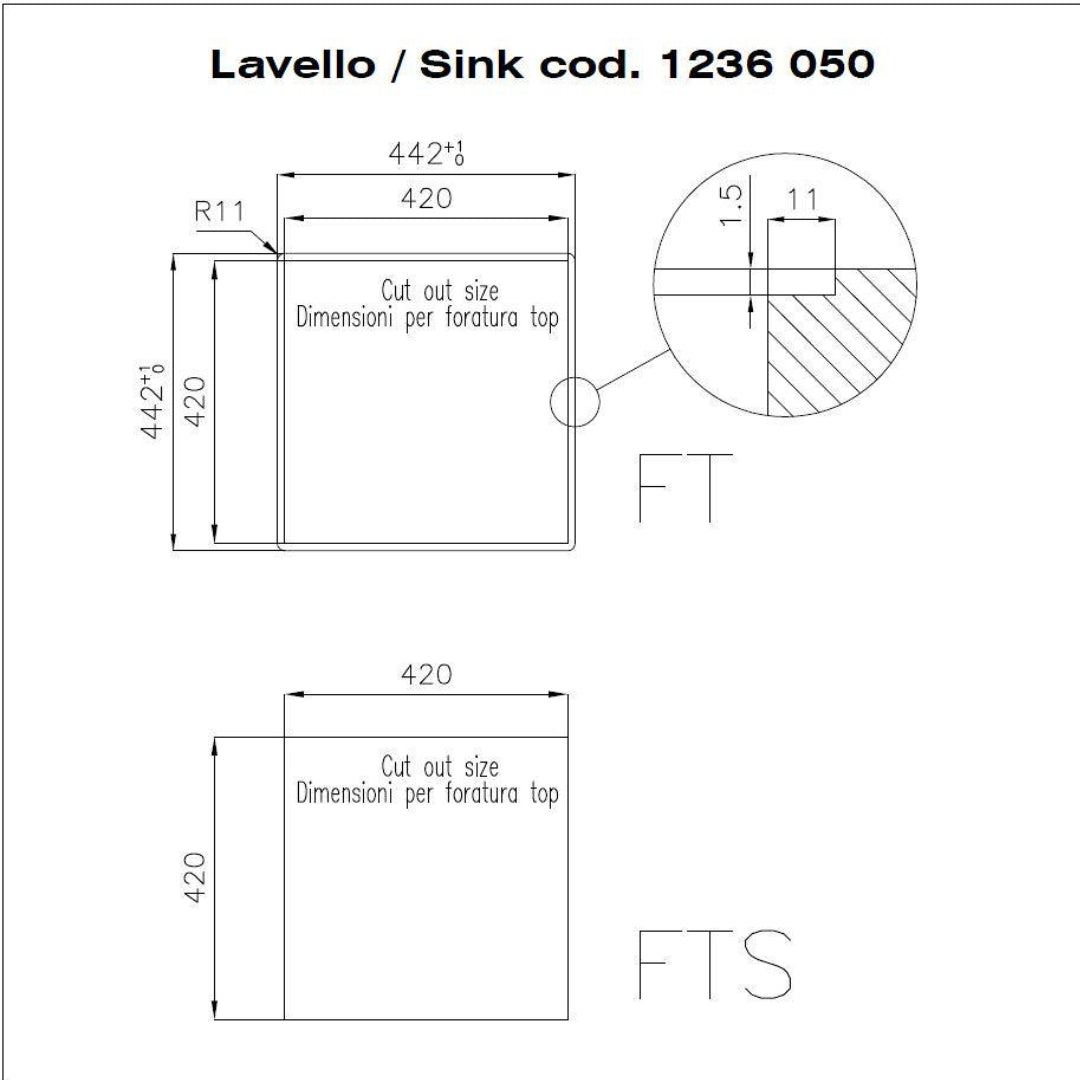 Foster 1236050 Quadra Lavello da Cucina Incasso Filotop Acciaio Inox Spazzolato 44 x 44 cm