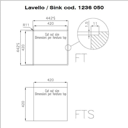 Foster 1236050 Quadra Lavello da Cucina Incasso Filotop Acciaio Inox Spazzolato 44 x 44 cm
