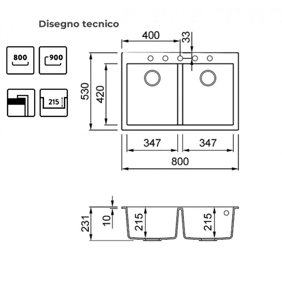 Elleci Quadra LGQ34068BTP Lavello 2 Vasche Incasso Sopratop Granitek Bianco Titano cm. 80 x 53