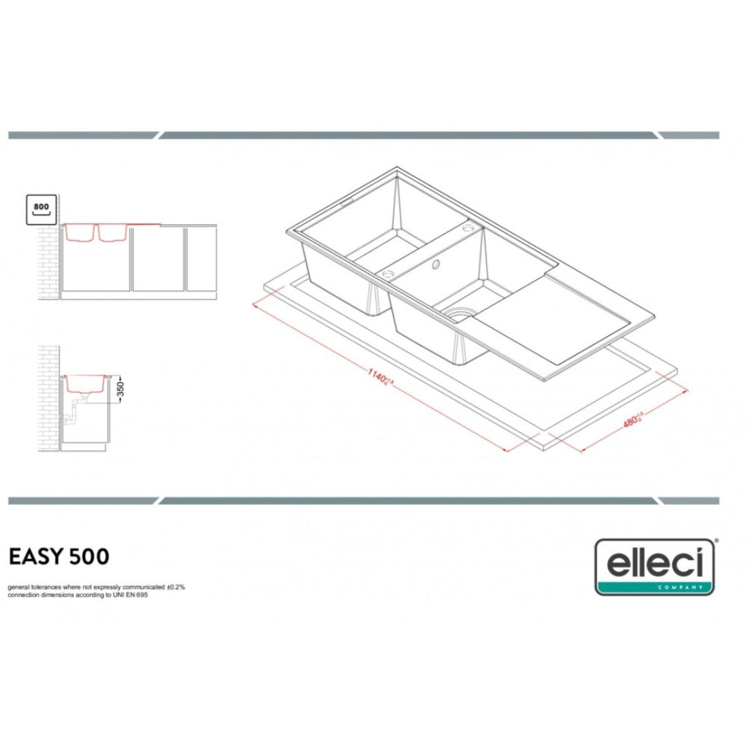 Elleci LGY50062 Easy 500 Lavello 2 Vasche con Gocciolatoio Reversibile Sopratop Granitek Bianco Antico cm. 116 x 50