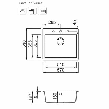 Elleci Time 105 LG210568 Lavello 1 Vasca Bianco Titano Incasso Sopratop Granitek cm. 57 x 51