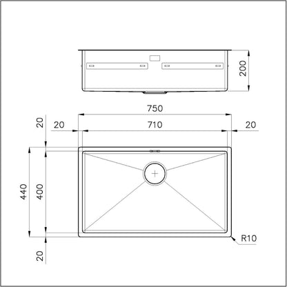 Foster Quadra R12 1717050 Lavello 1 Vasca Sopratop/Filotop Acciaio Inox Spazzolato 75x44