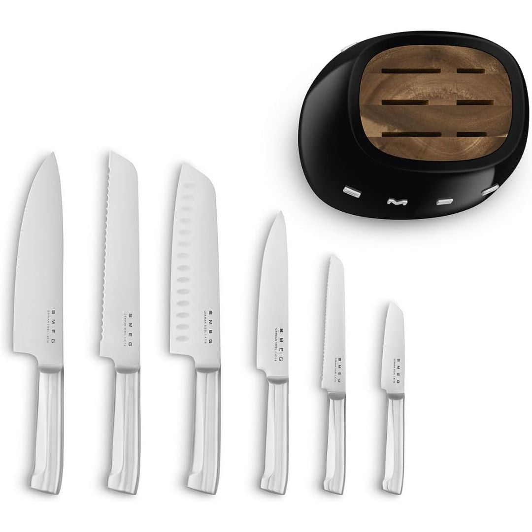 SMEG KBSF02BL Ceppo Portacoltelli Nero e Set 6 Coltelli INOX Estetica 50’s Style