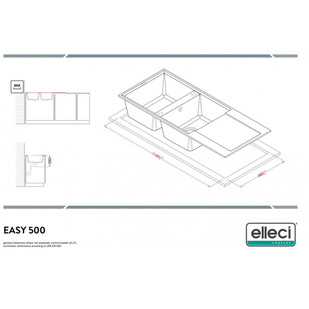 ELLECI EASY 500 LGY50051 Lavello 2 Vasche con Gocciolatoio Reversibile Sopratop Granitek Avena 51  cm. 116 x 50