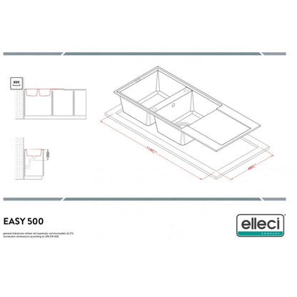 ELLECI EASY 500 LGY50051 Lavello 2 Vasche con Gocciolatoio Reversibile Sopratop Granitek Avena 51  cm. 116 x 50