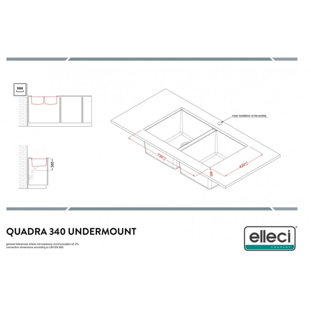 Elleci Quadra 340 LGQ34068BSC Lavello da Incasso Sottotop 2 Vasche Granitek Bianco Titatno cm. 77 x 46