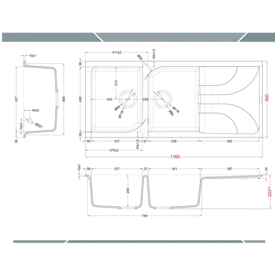ELLECI EGO 500 LGE50059 Lavello 2 Vasche con Gocciolatoio Reversibile Sopratop Granitek Antracite 59 cm. 116 x 50