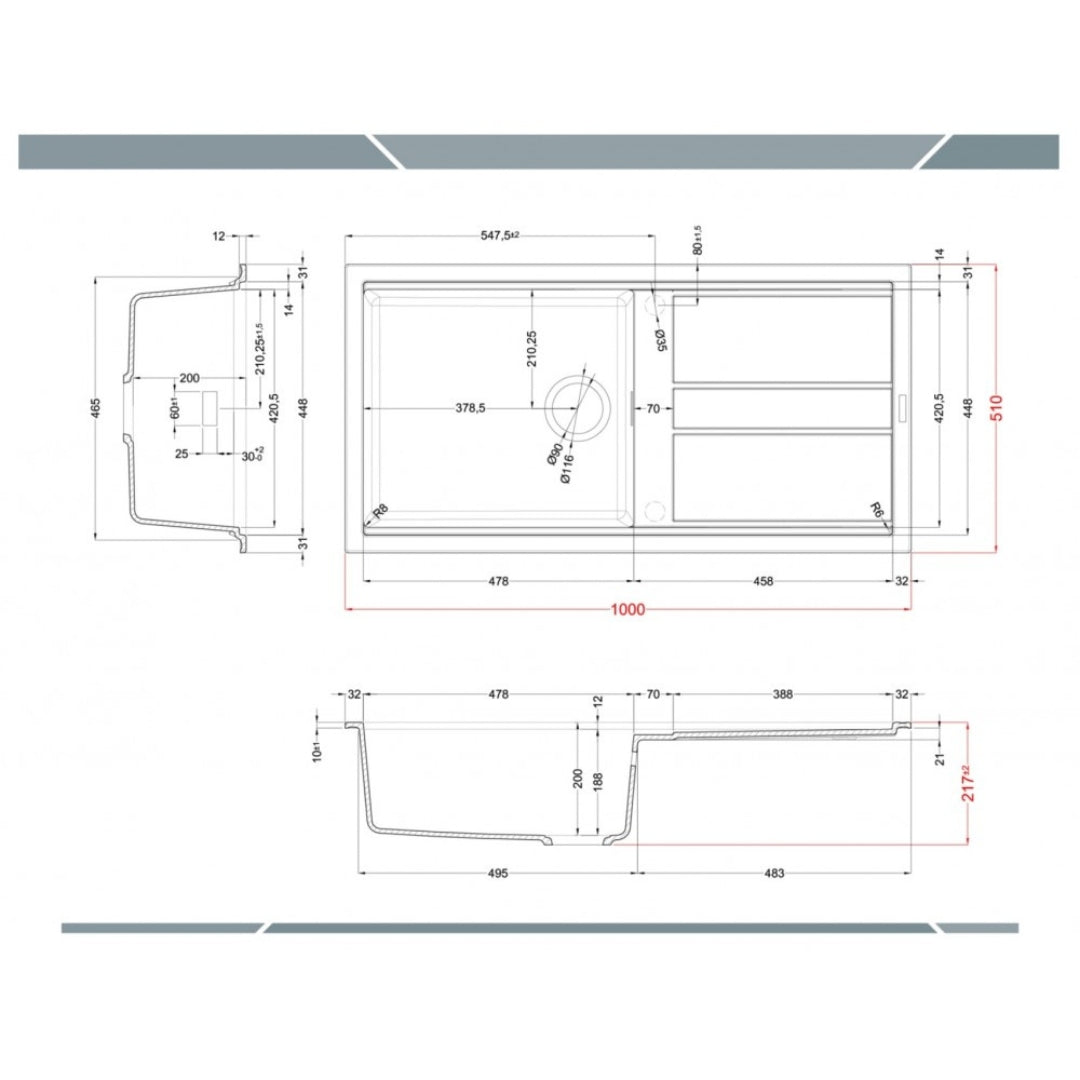 Elleci Best 480 LGB48068 Lavello 1 Vasca com Gocciolatoioi Reversibile Incasso Sopratop Granitek Bianco Titano cm. 100 x 51