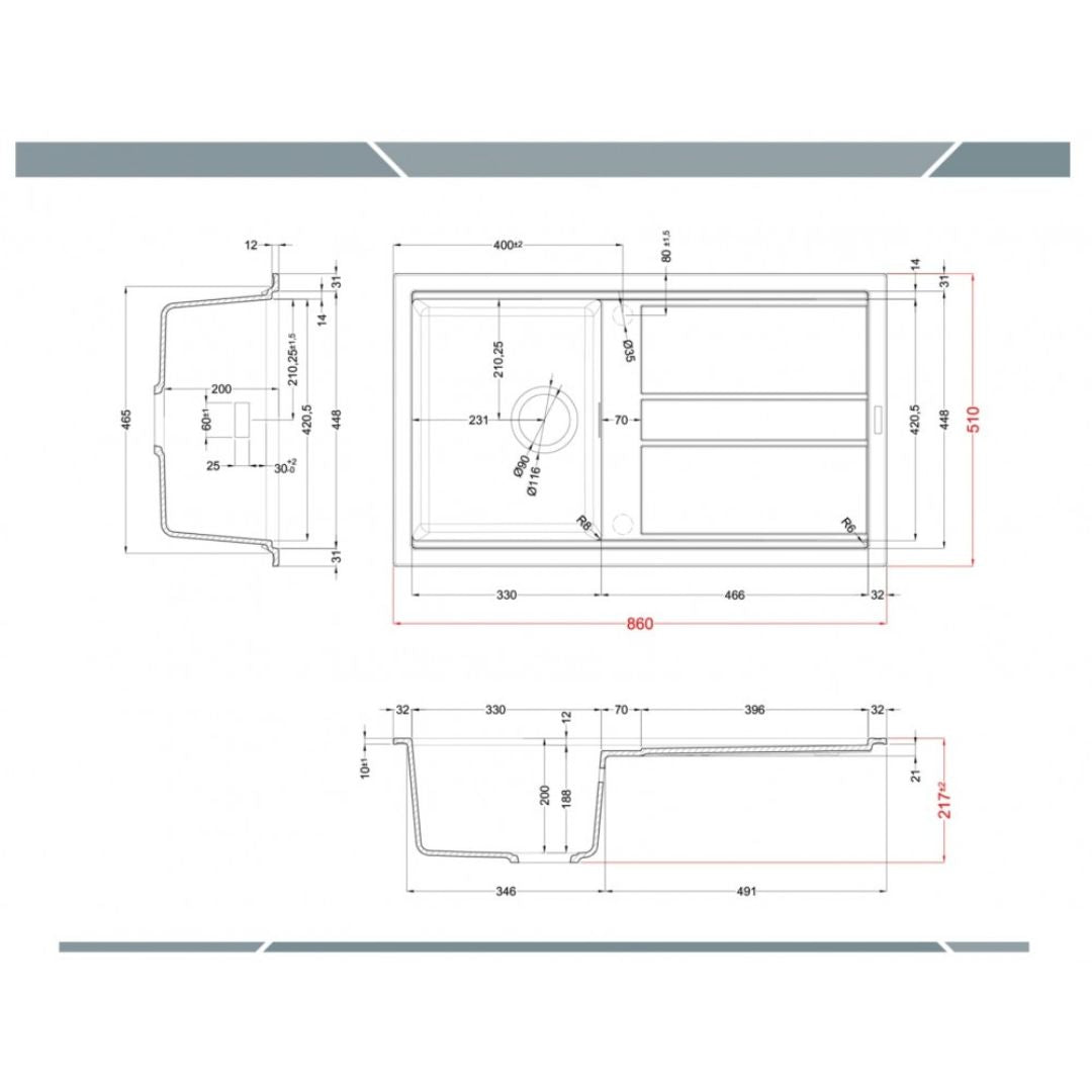 ELLECI BEST 400 LGB40059 Lavello 1 Vasca con Gocciolatoio Reversibile Sopratop Granitek Antracite cm. 86 x 51 cm