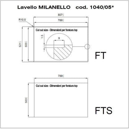 Foster Milanello 1040052 Lavello Filotop 1 Vasca Sinistra Gocciolatoio Destra Acciaio inox mm. 806 x 520
