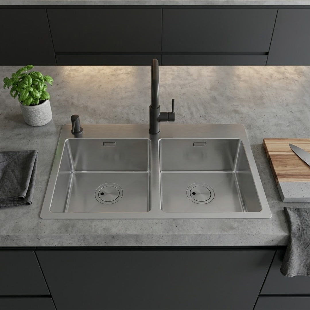Foster S4001 3352050 Lavello Incasso Filotop 2 Vasche Acciaio Inox Spazzolato cm, 75 x 44