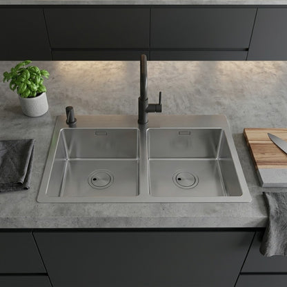 Foster S4001 3352050 Lavello Incasso Filotop 2 Vasche Acciaio Inox Spazzolato cm, 75 x 44