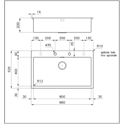 Foster S4001 3367050 Lavello 1 Vasca Incasso Sopratop/Filotop Acciaio Inox Spazzolato cm. 86 x 52