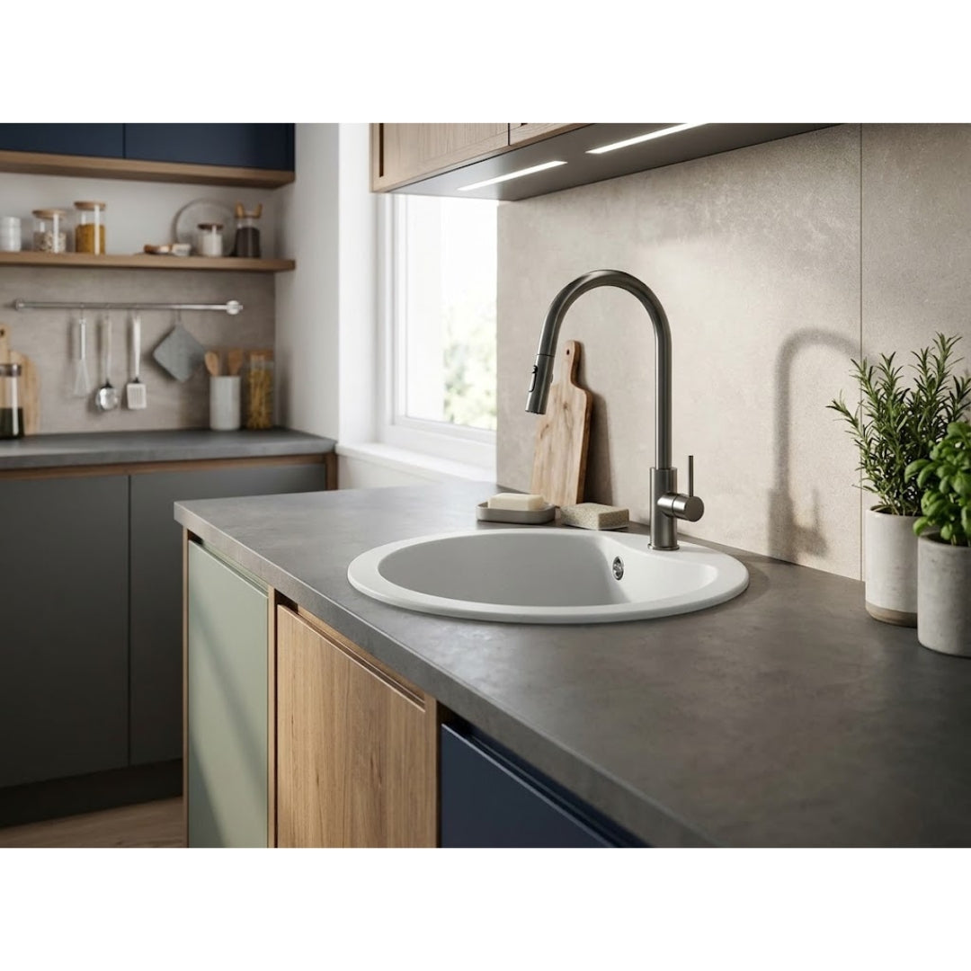 Elleci Ego Round LGEROU68 Lavello Tondo Incasso Sopratop Granitek Bianco Titano Diam. mm. 485
