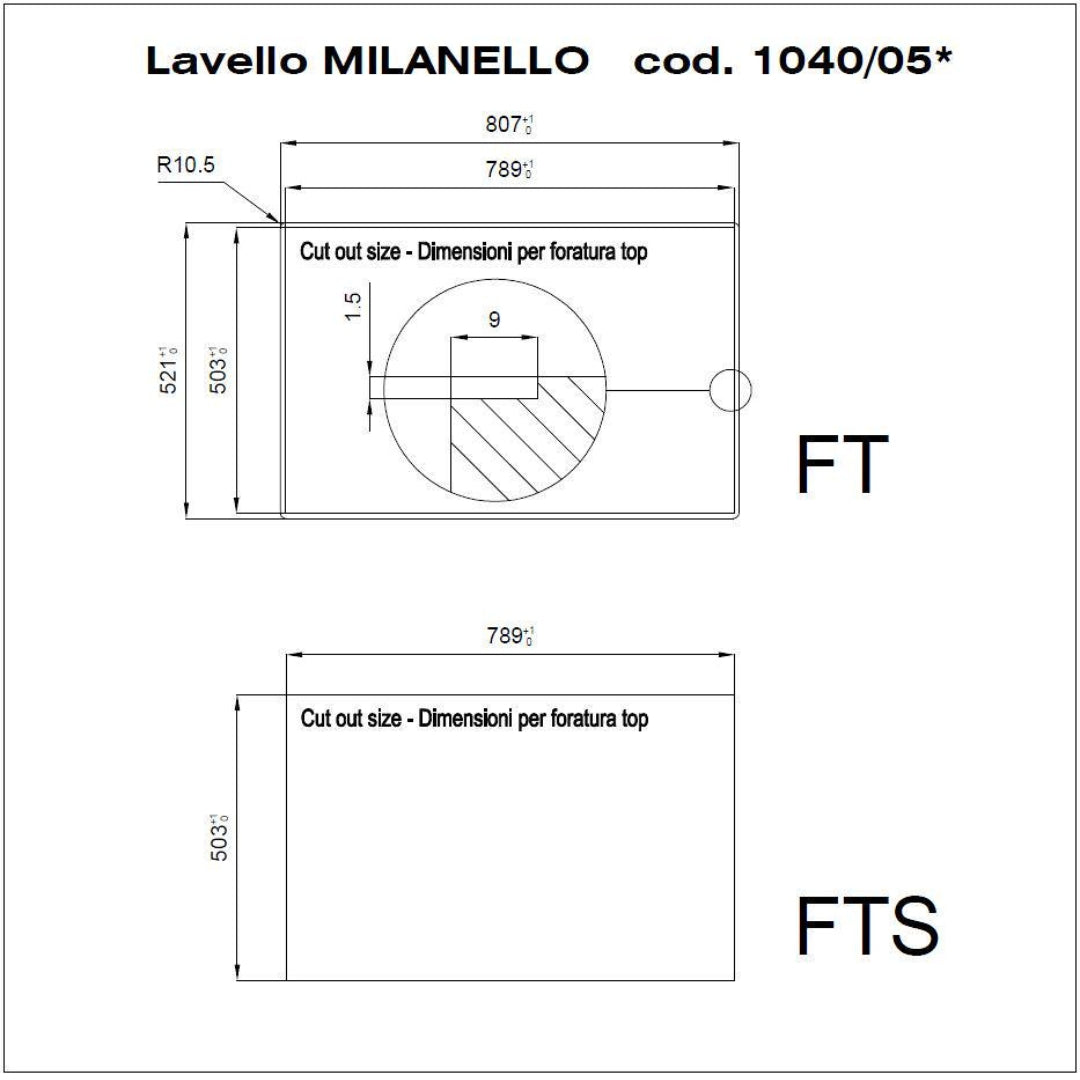 Foster Milanello Workstation 1040051 Lavello Filotop 1 Vasca Gocciolatoio Acciaio Inox mm. 806 x 520