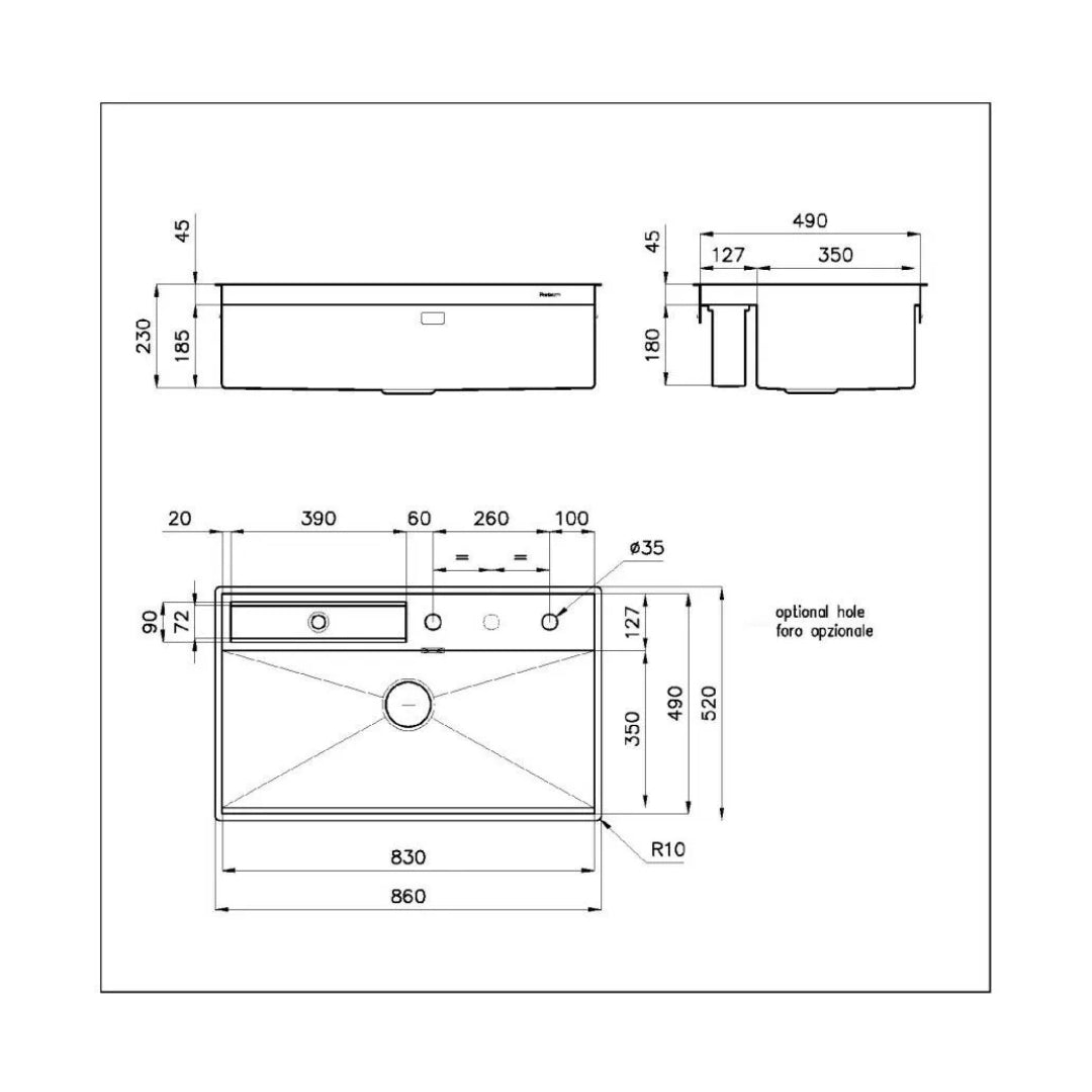 Foster 3780000 Galante Lavello Sottotop 1 Vasca Inox Spazzolato con Canalino cm. 86 x 52