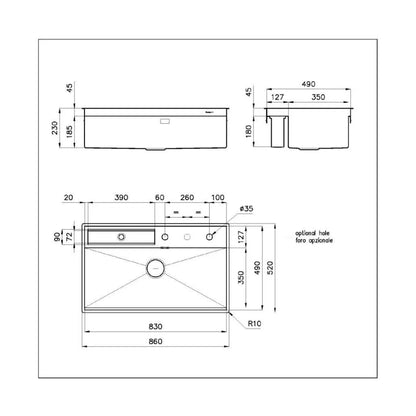 Foster 3780000 Galante Lavello Sottotop 1 Vasca Inox Spazzolato con Canalino cm. 86 x 52