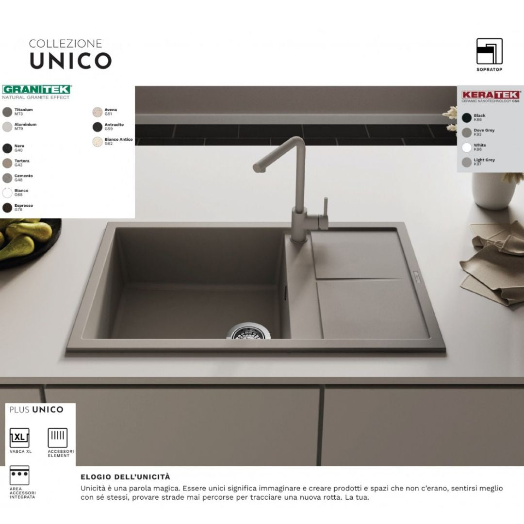ELLECI UNICO 480 LGU48051 Lavello 1 Vasca con Gocciolatoio Reversibile Sopratop Granitek Avena 51 cm. 100 x 50