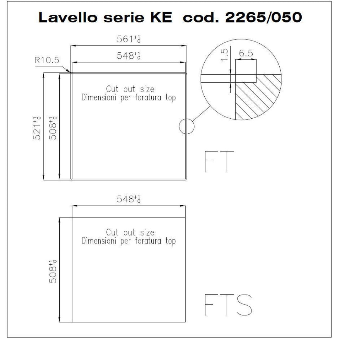 Foster KE 2265050 Lavello Incasso Filotop 1 Vasca Inox Spazzolato cm. 56 x 52