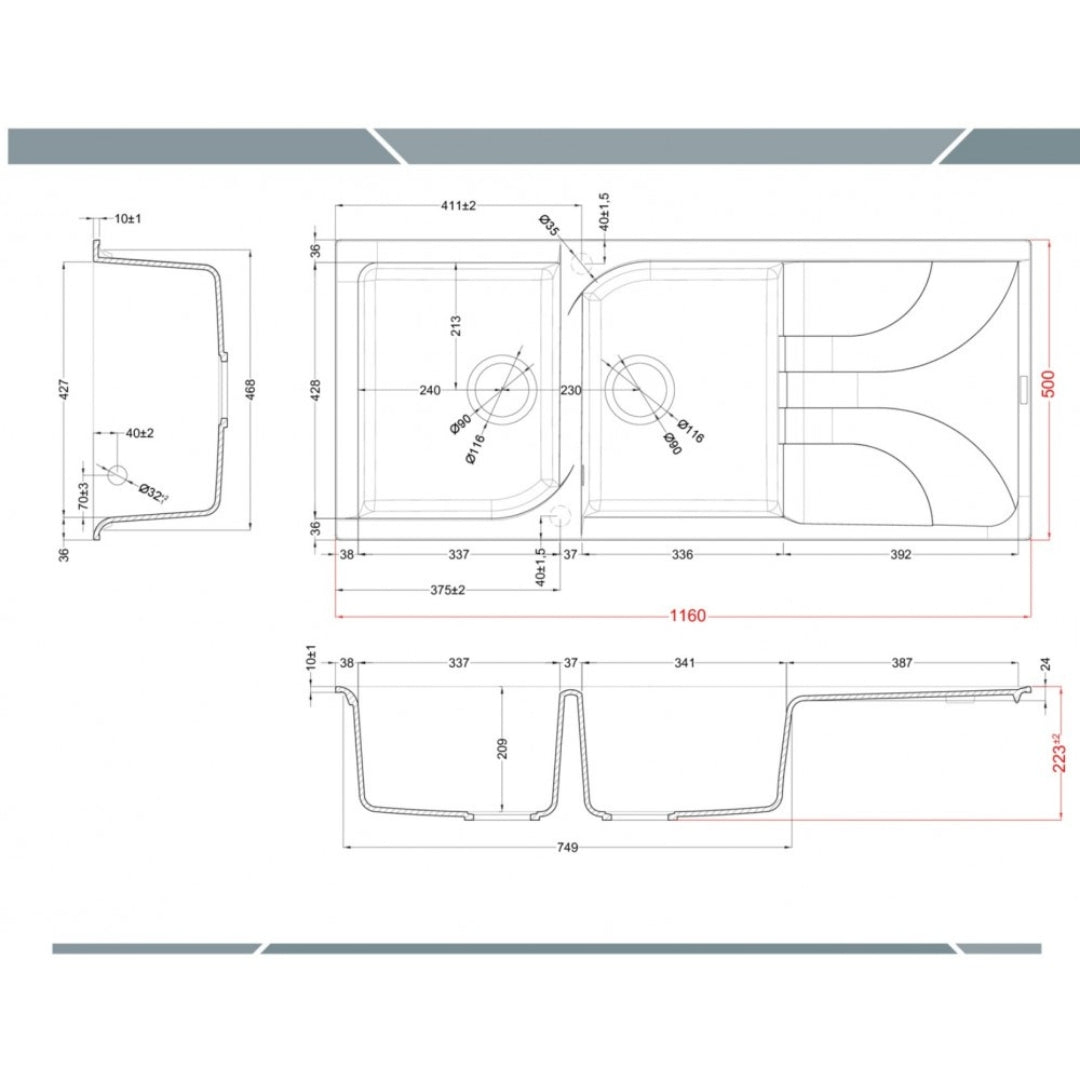 Elleci Ego 500 LGE50062 Lavello 2 Vasche con Gocciolatoio Reversibile Sopratop Granitek Classic Bianco Antico cm. 116 x 50