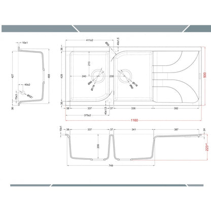 Elleci Ego 500 LGE50062 Lavello 2 Vasche con Gocciolatoio Reversibile Sopratop Granitek Classic Bianco Antico cm. 116 x 50