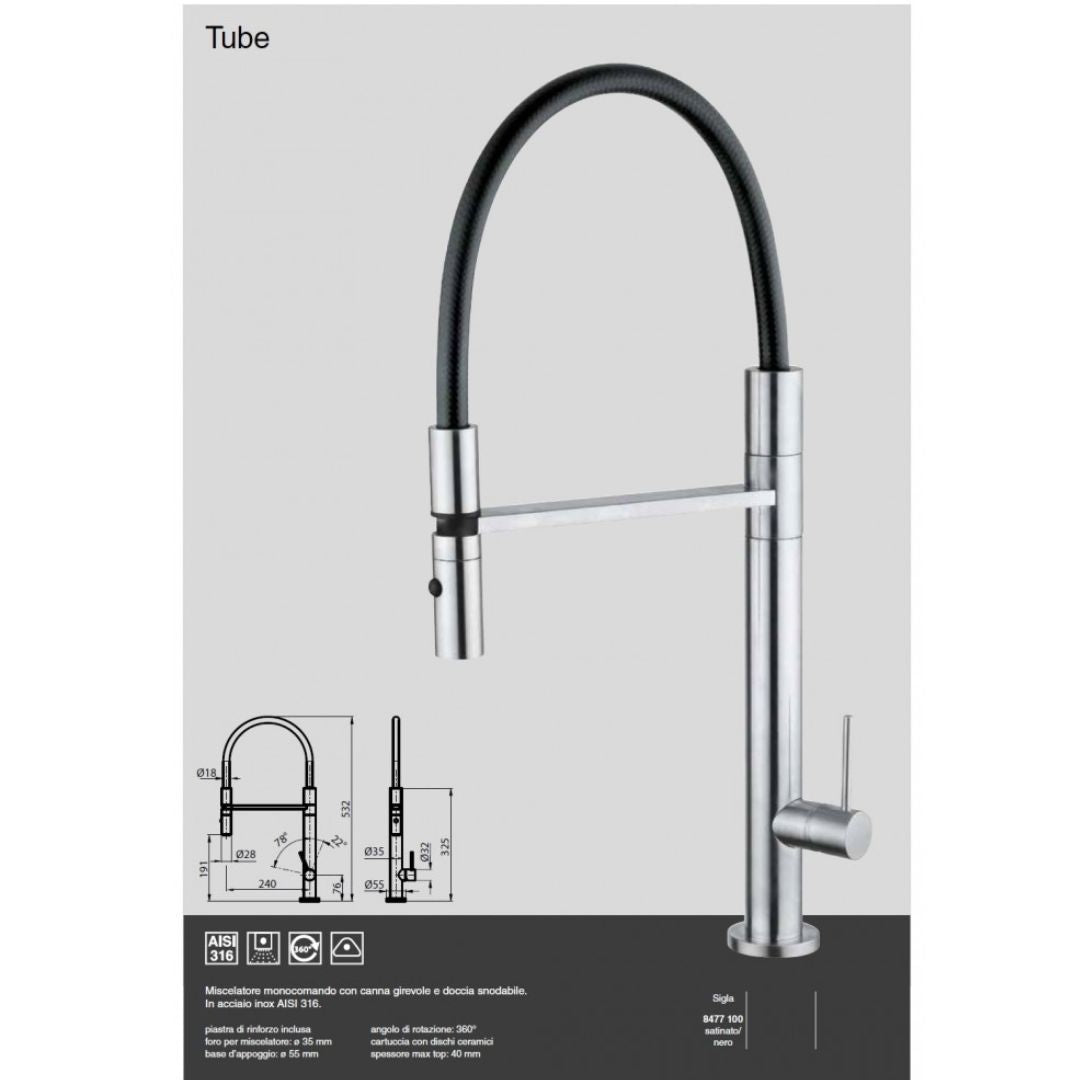 FOSTER MARINE TUBE 8477100 Miscelatore Monocomando Cucina in Acciaio Inox AISI 316 Satinato con Canna Girevole e Doccia Snodabile