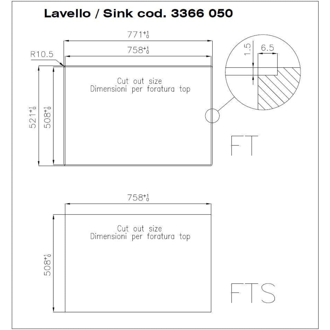 Foster S4001 3366050 Lavello 1 Vasca Incasso Sopratop/Filotop Acciaio Inox Spazzolato cm. 77 x 52