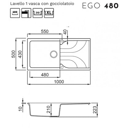 Elleci Ego 480 LGE48062 Lavello 1 Vasca con Gocciolatoio Reversibile Sopratop Granitek Bianco Antico cm 100 x 50