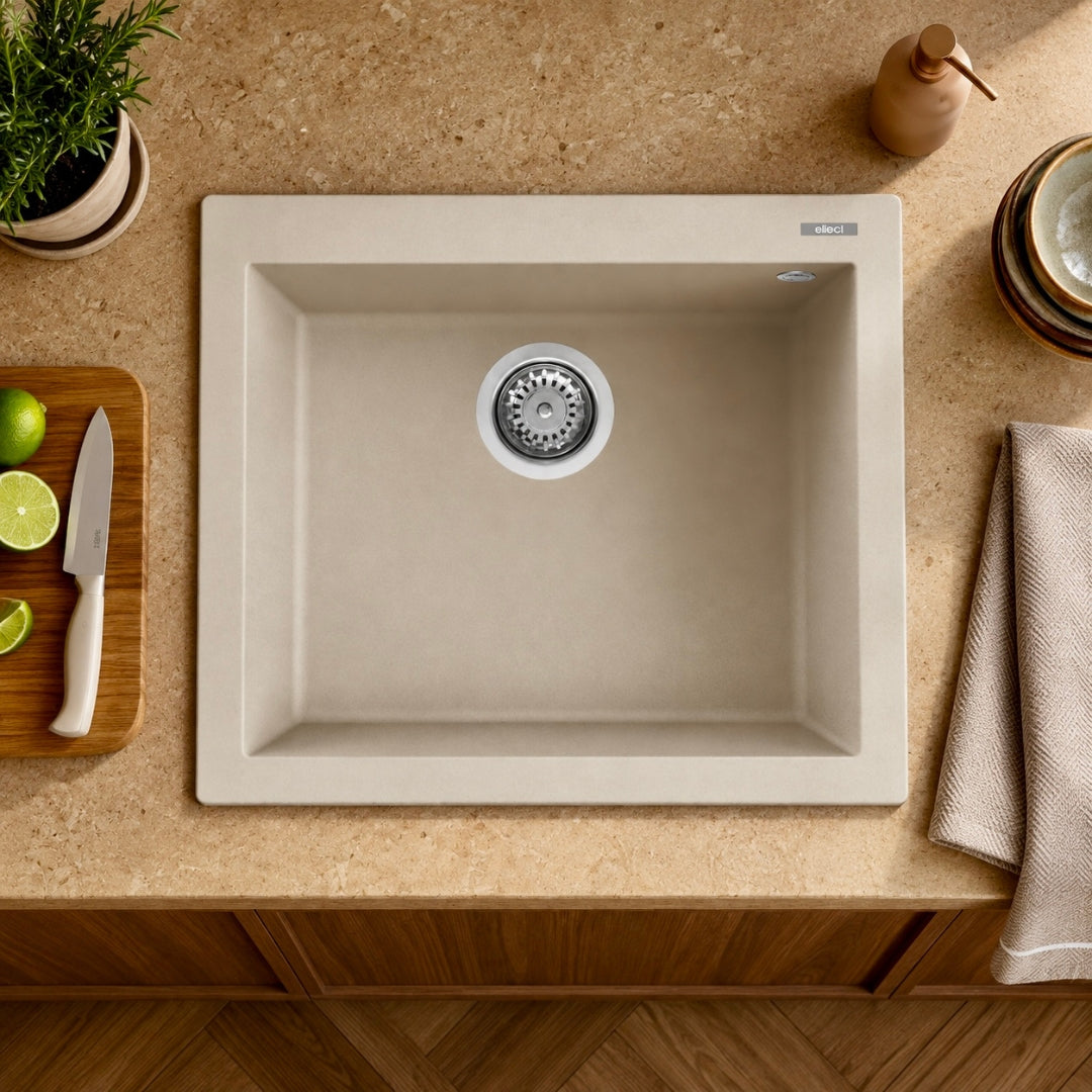 Elleci Quadra 105 LGQ10539 Lavello da Incasso Sopratop Monovasca Granitek Bianco Soft  cm. 57 x 50