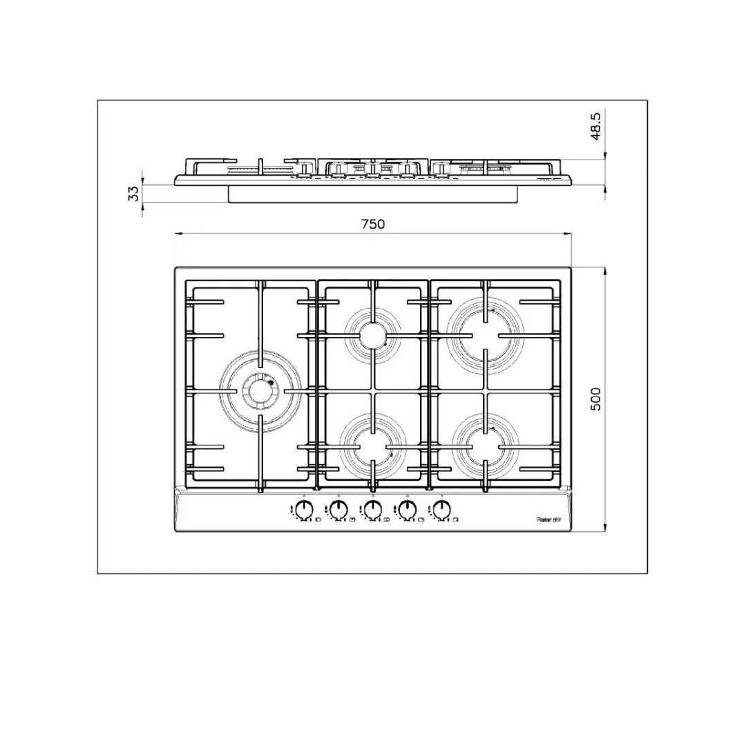 FOSTER 7018032 Piano Cottura 5 Fuochi Inox Accensione Elettrica Griglie Ghisa cm. 75 x 50