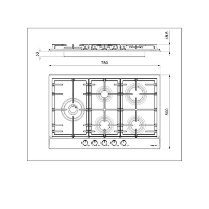 FOSTER 7018032 Piano Cottura 5 Fuochi Inox Accensione Elettrica Griglie Ghisa cm. 75 x 50