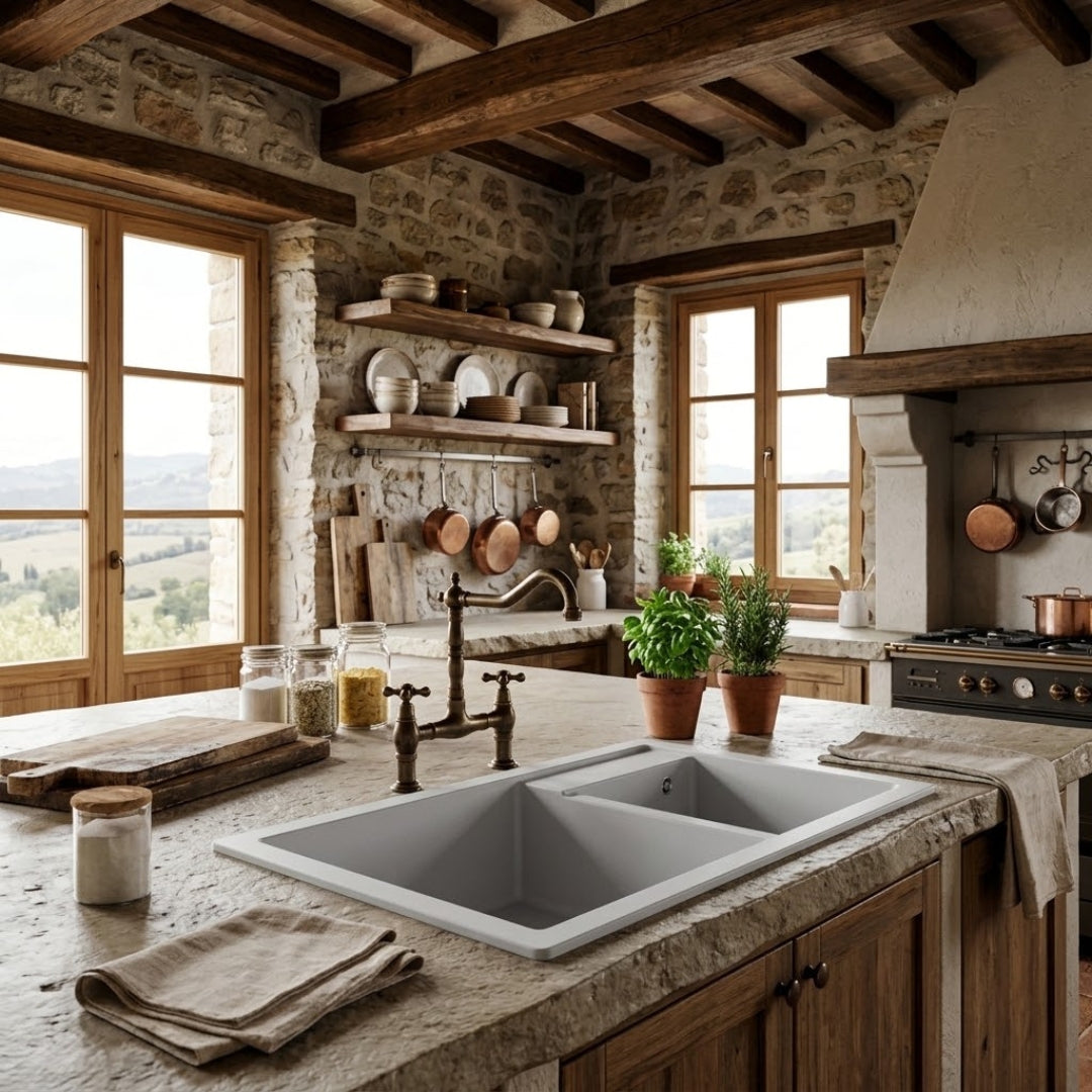 Elleci QUADRA 440 LGQ44068 Lavello Incasso Sopratop 2 Vasche Granitek Bianco Titano mm. 815 x 500