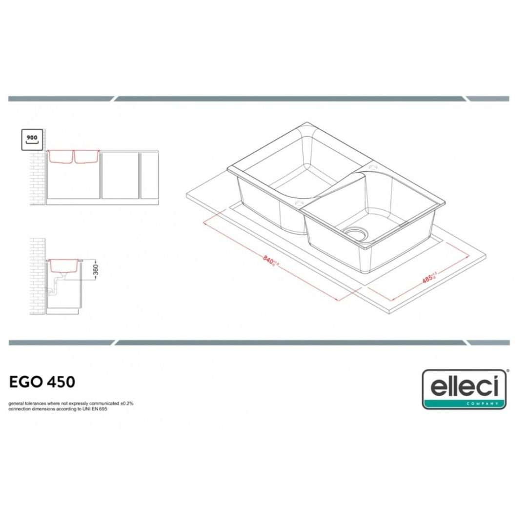 ELLECI EGO 400 LGE45059 Lavello Cucina 2 Vasche Sopratop Granitek Antracite cm. 86x50