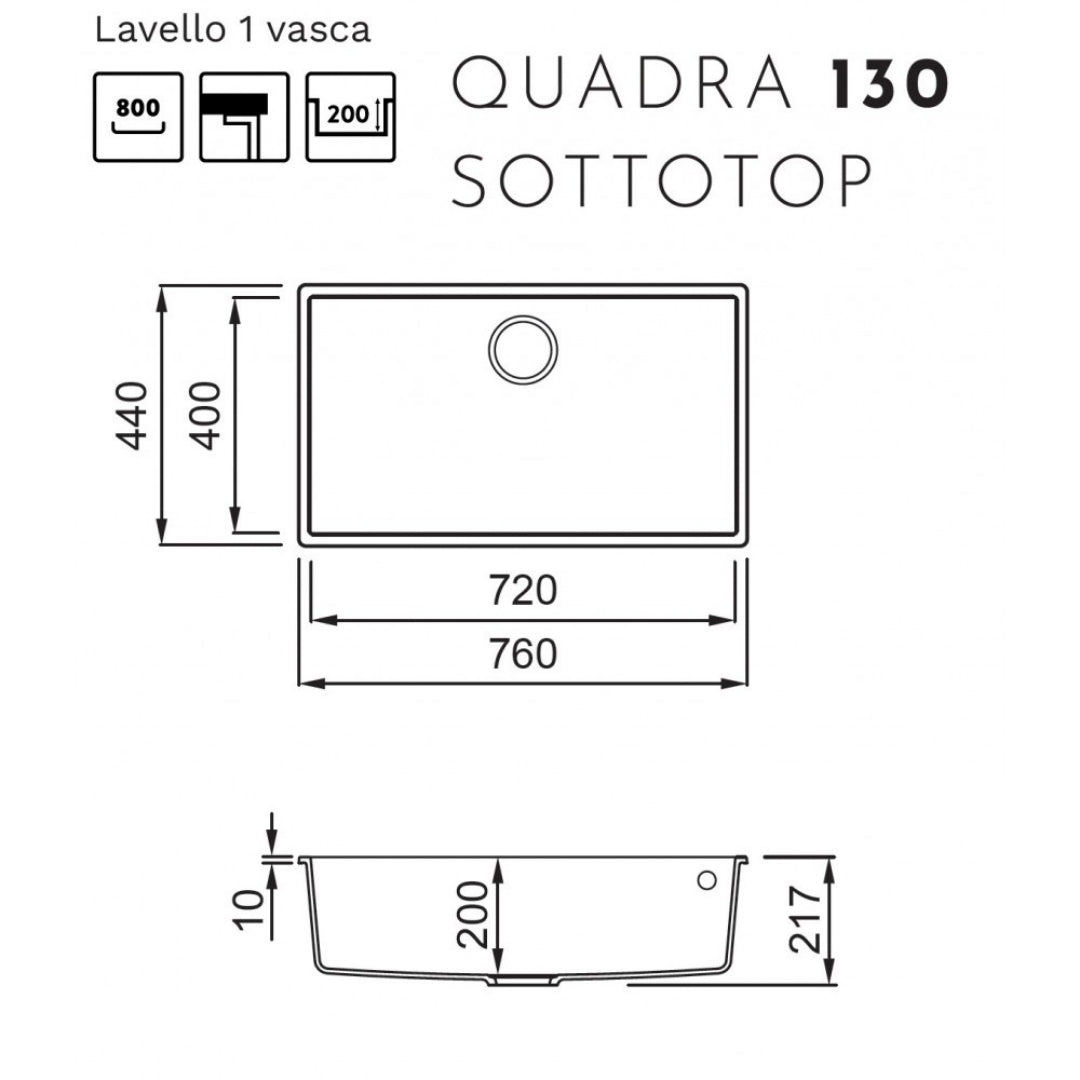 Elleci Quadra 130 LGQ13051BSO Lavello da Incasso 1 Vasca Sottotop Finitura Granitek Classic Avena 76 x 44 cm