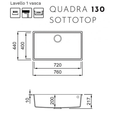 Elleci Quadra 130 LGQ13051BSO Lavello da Incasso 1 Vasca Sottotop Finitura Granitek Classic Avena 76 x 44 cm
