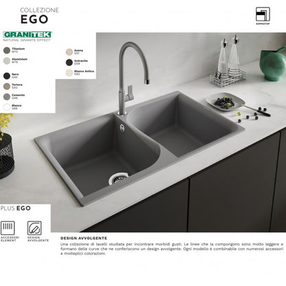 Elleci Ego 500 LGE50062 Lavello 2 Vasche con Gocciolatoio Reversibile Sopratop Granitek Classic Bianco Antico cm. 116 x 50