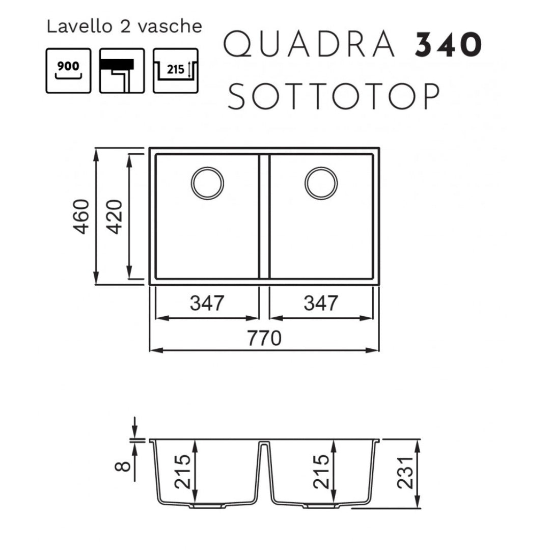 Elleci Quadra 340 LGQ34068BSC Lavello da Incasso Sottotop 2 Vasche Granitek Bianco Titatno cm. 77 x 46