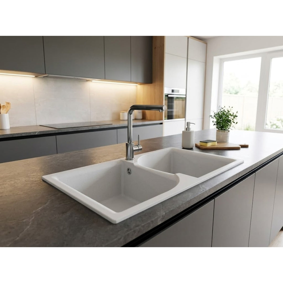 Elleci Ego 450 LGE45068 Lavello Incasso Sopratop 2 Vasche Granitek Bianco Titano cm. 86×50