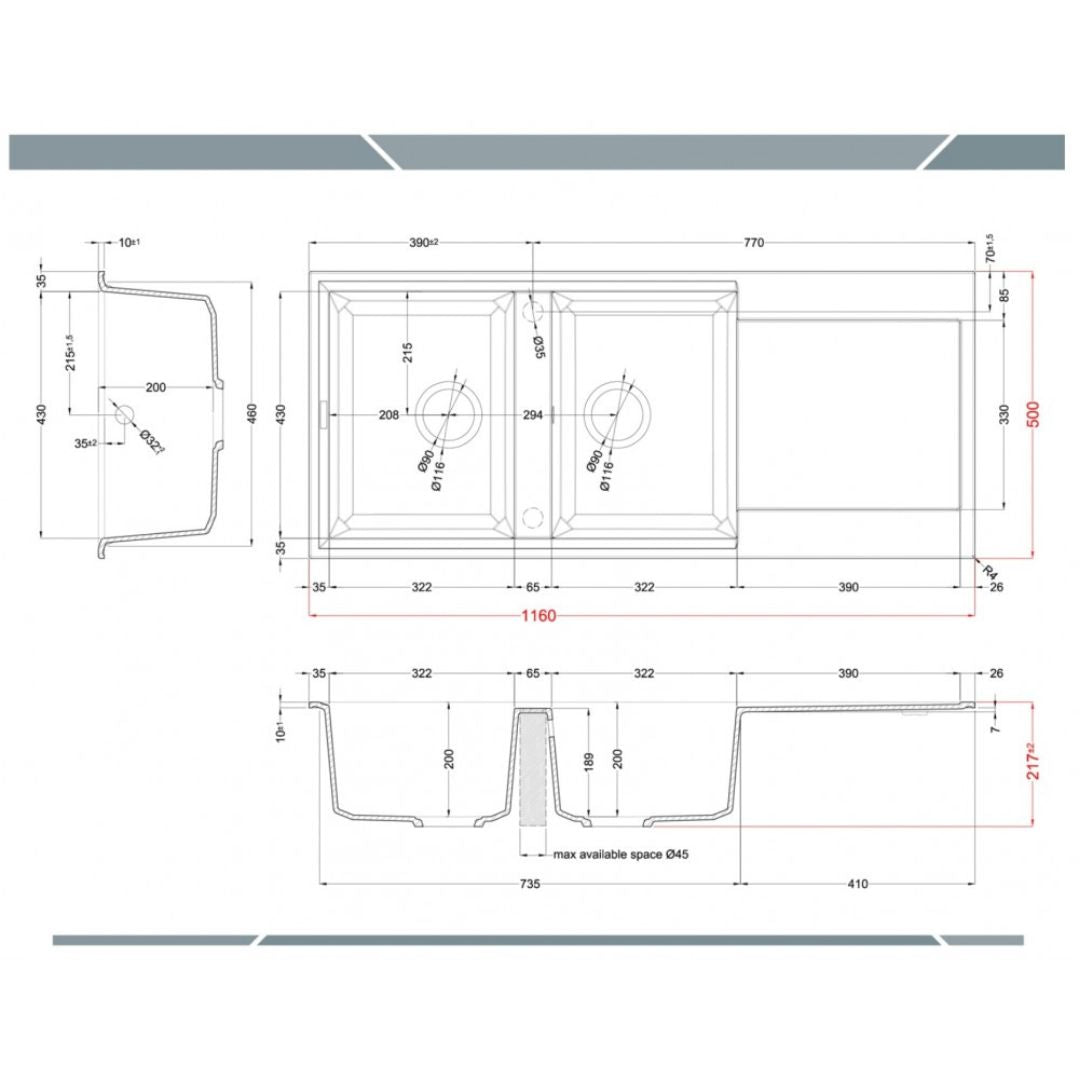 ELLECI EASY 500 LGY50051 Lavello 2 Vasche con Gocciolatoio Reversibile Sopratop Granitek Avena 51  cm. 116 x 50